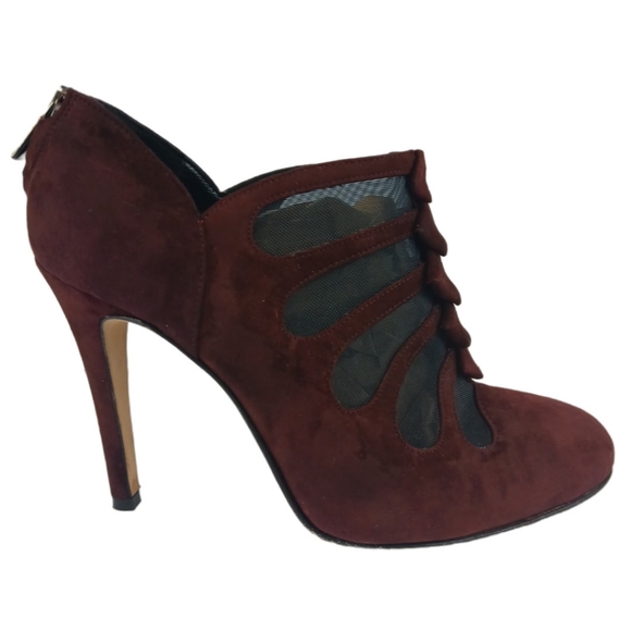 Sarah Flint Burgundy Blake Ankle Boots Suede Booties Mesh Cutouts Pumps Heels - Picture 7 of 15